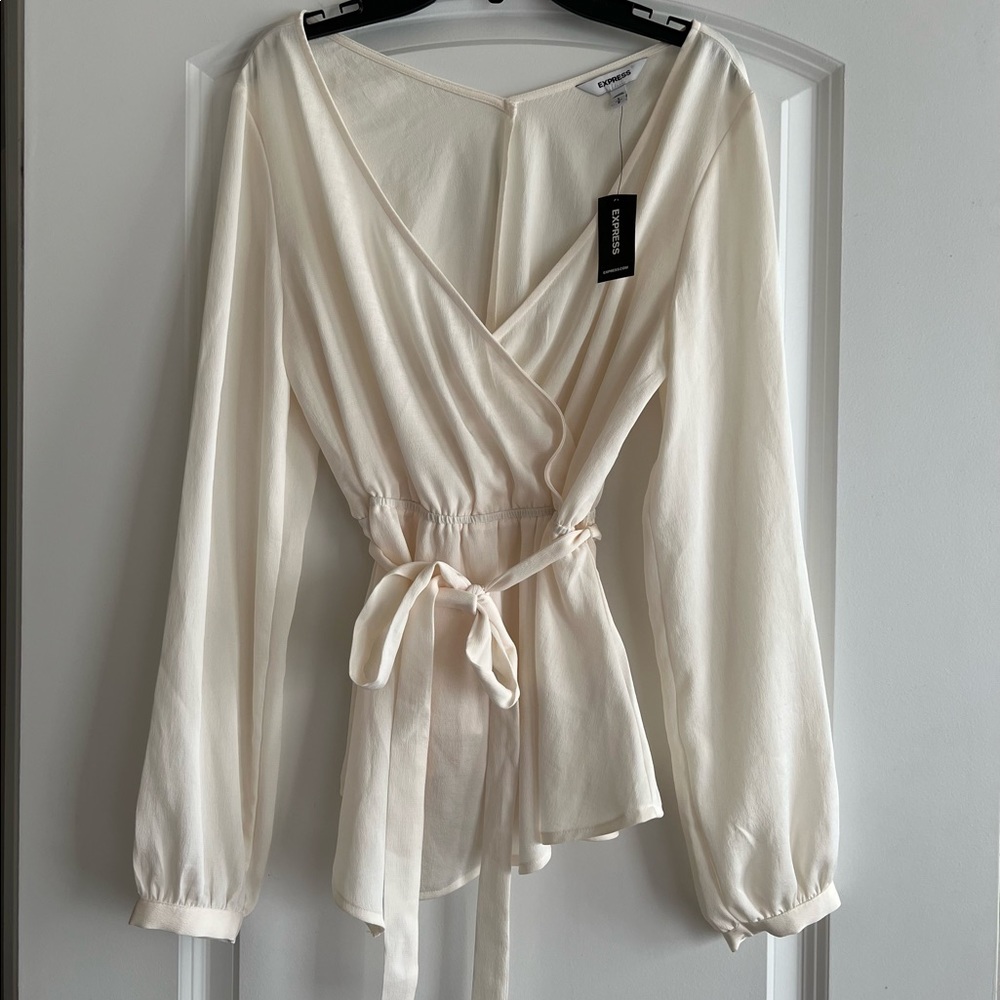 Express Crossover wrap blouse with belt - Size S- Color Cream